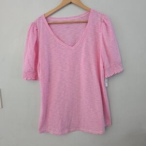 NWT Talbots Tee Plus size 1X Pink Stripped Smocked Ruffle Sleeve V Neck Pullover